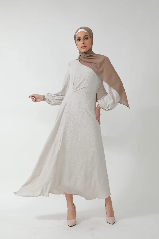 Beige Metallic Pinstripe Long Sleeve Maxi Dress Fashionable Halter Neck Maxi Dress