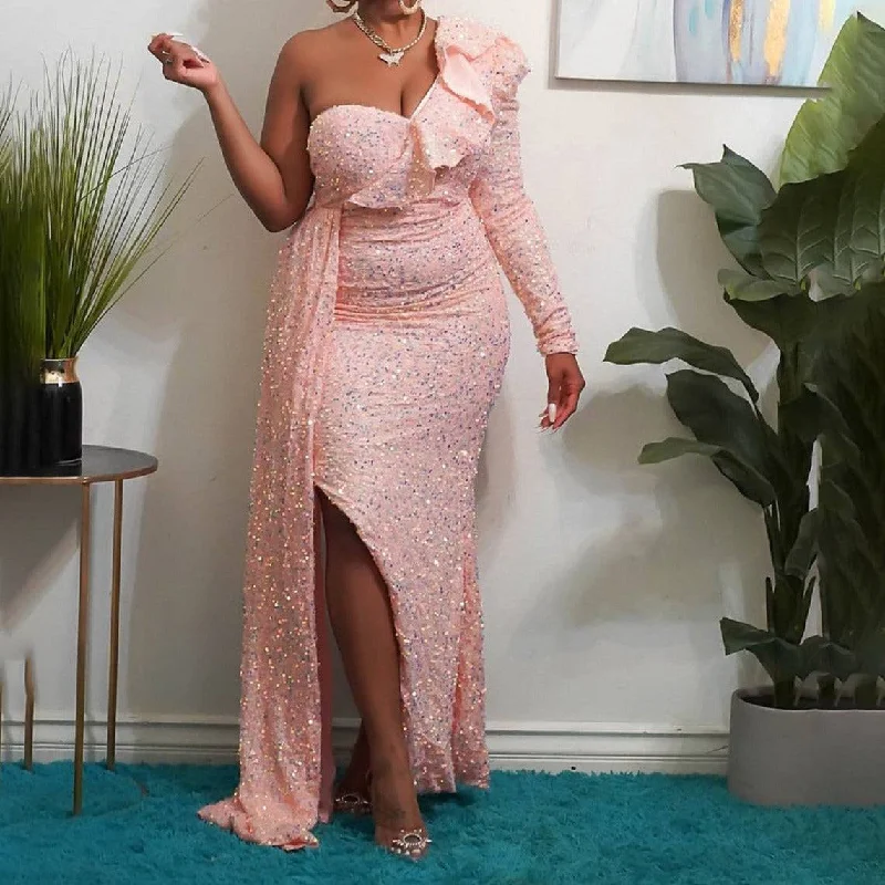 Mikayla Irregular One Shoulder Sequins Side Slit Maxi Dress Chic Boho Print Maxi Dress