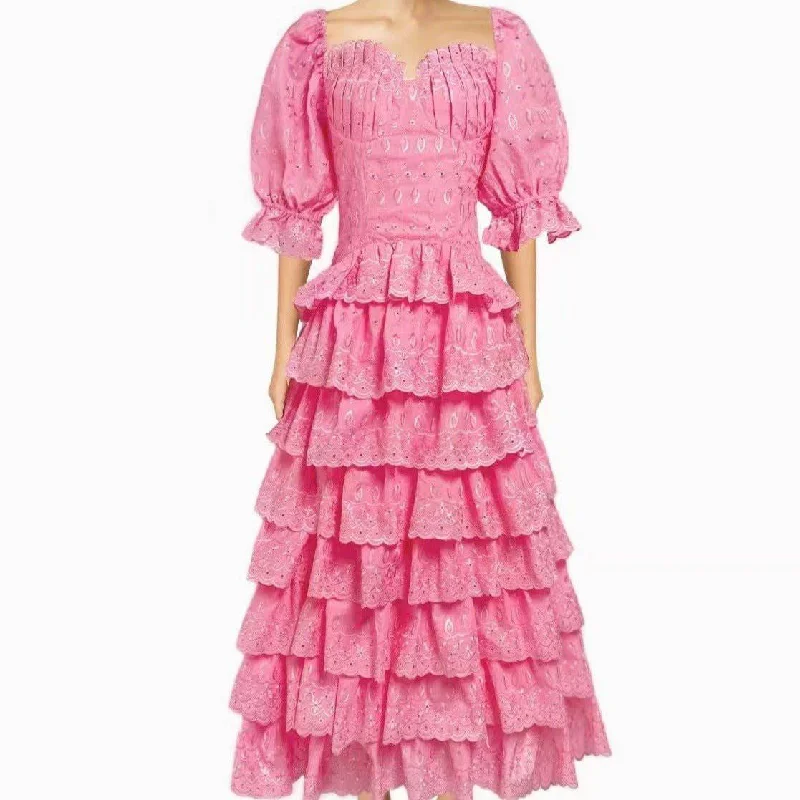 Montana Square Collar Puff Sleeves Maxi Dress Fashionable High-Low Maxi Dress