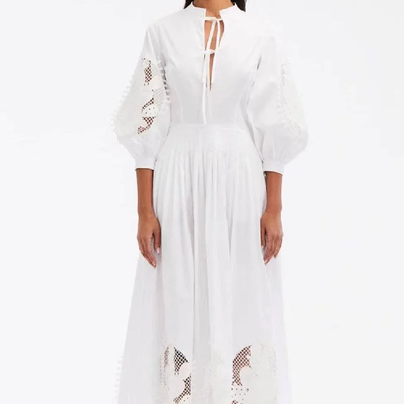 Nelda Stand Collar Spliced Lace Up Maxi Dress Elegant Silk Maxi Dress