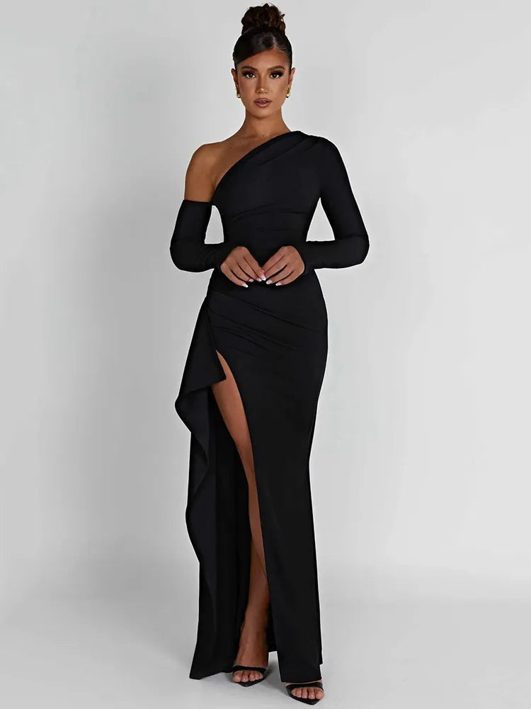 Oblique Shoulder Thigh High Split Maxi Dress Women Long Sleeve Backless Bodycon Sexy Club Party Long Dress Vestidos Cozy Maxi Dress with Slit Oblique Shoulder Thigh High Split Maxi Dress Women Long Sleeve Backless Bodycon Sexy Club Party Long Dress Vestidos Cozy Maxi Dress with Slit