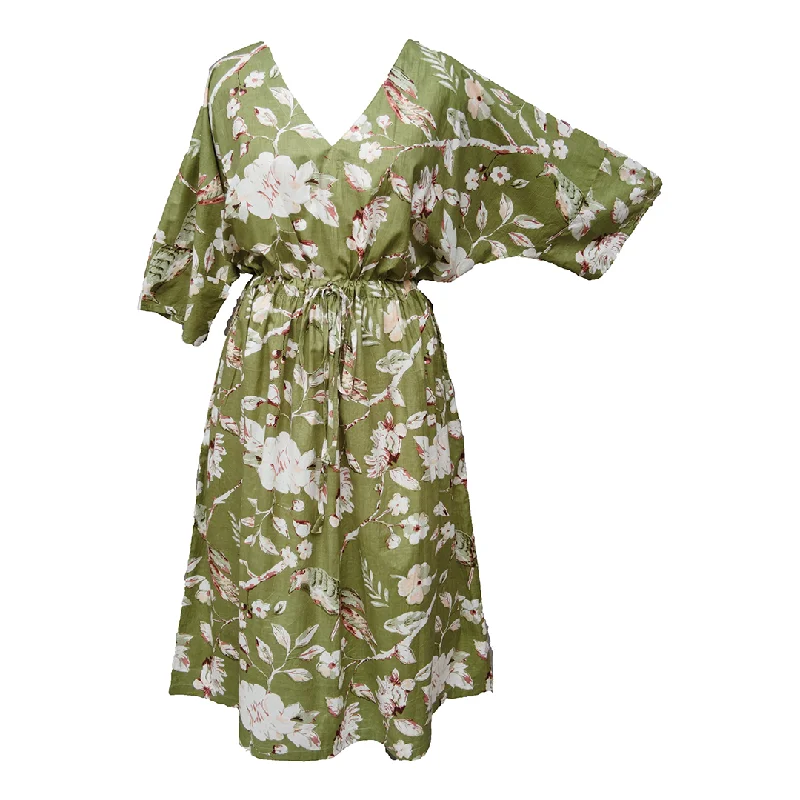 Olive Birds Cotton Maxi Dress UK Size 18-32 M149 Fashionable High-Waist Maxi Dress