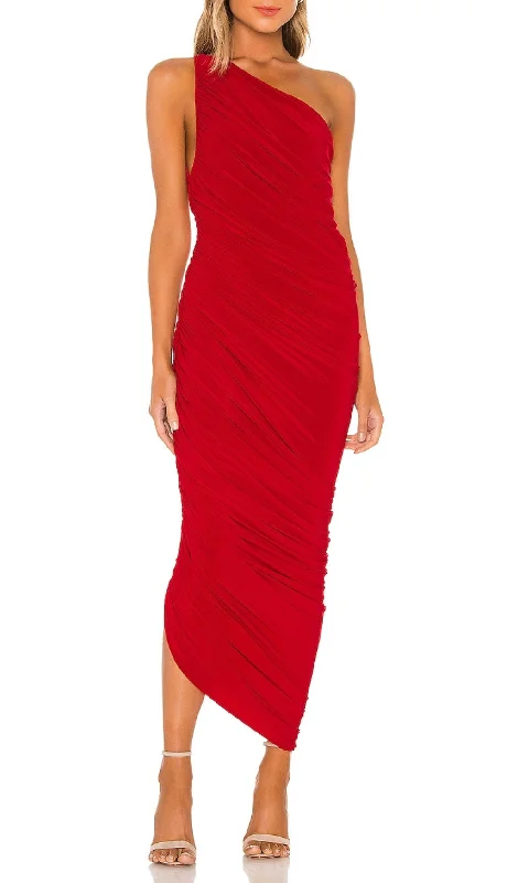 ONE-SHOULDER PLEATED MESH MAXI DRESS IN RED Comfortable Bohemian Maxi Dress