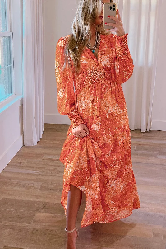 Orange Boho Floral Bishop Sleeve V Neck Tiered Maxi Dress Trendy Off-Shoulder Ruffle Maxi Dress Orange Boho Floral Bishop Sleeve V Neck Tiered Maxi Dress Trendy Off-Shoulder Ruffle Maxi Dress
