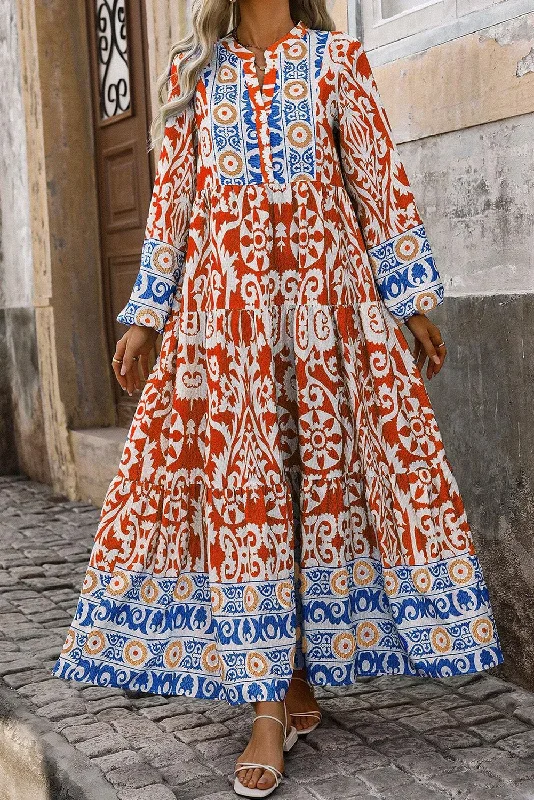 Orange Boho Geometric Printed Long Sleeve Maxi Dress Fashionable Chiffon Maxi Dress