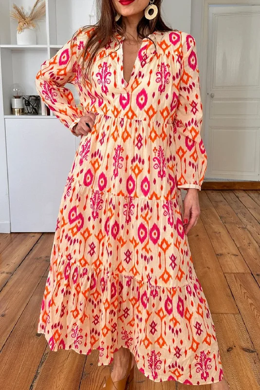 Orange Western Abstract Geometric Printed Maxi Dress Trendy Maxi Dress with Lace