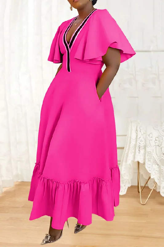 Patchwork Deep V Neck Classic Ruffled Maxi Dress Cozy Open-Back Maxi Dress