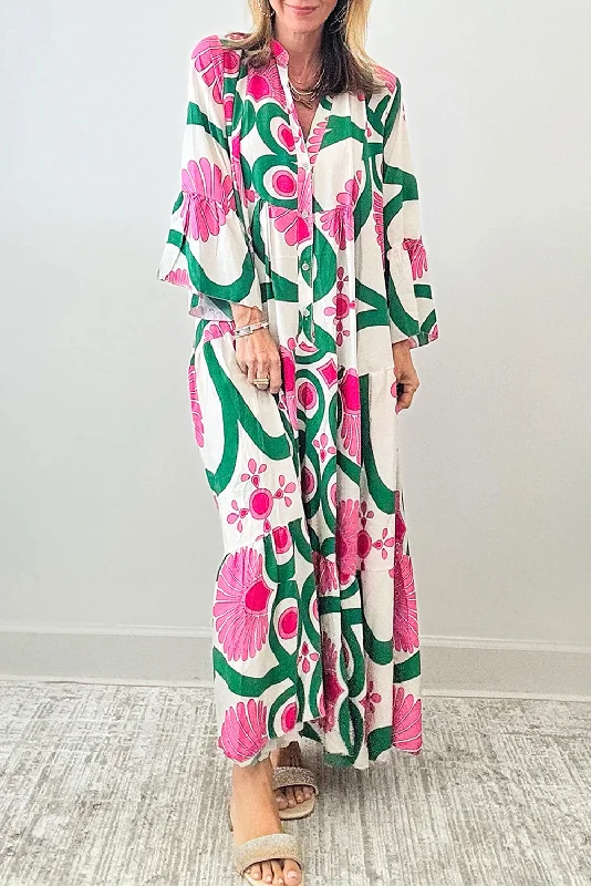 Pink Boho Floral Printed Long Sleeve Buttoned Loose Maxi Dress Classic Strapless Maxi Dress