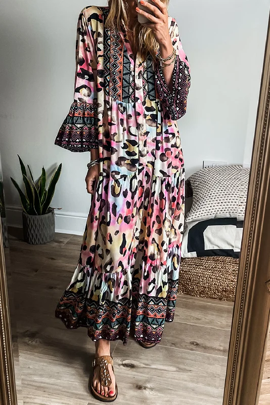 Pink Western Leopard Printed 3/4 Sleeve Buttoned Front Tiered Maxi Dress Stylish One-Shoulder Maxi Dress Pink Western Leopard Printed 3/4 Sleeve Buttoned Front Tiered Maxi Dress Stylish One-Shoulder Maxi Dress