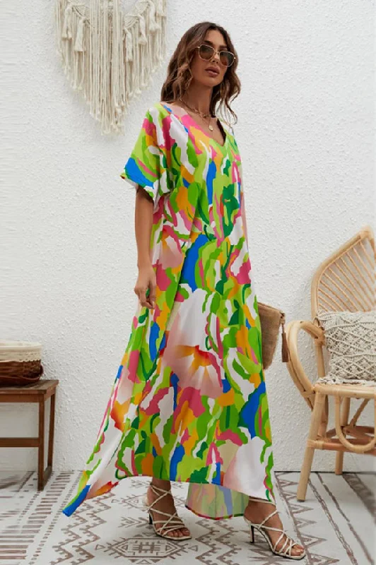Print Short Sleeve Wide Hem Maxi Dress Cozy Maxi Dress with Slit