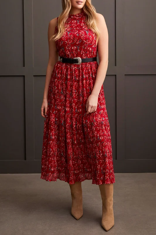 PRINTED PLISSE HALTER MAXI DRESS - SCARLET Fashionable Open-Back Maxi Dress