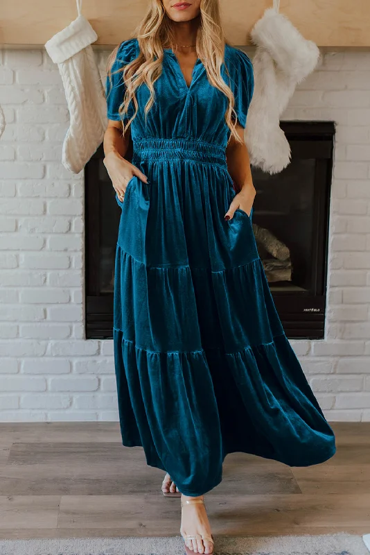 Prussian Blue Velvet Short Sleeve Shirred Waist Tiered Maxi Dress Comfortable Maxi Dress with Sleeves Prussian Blue Velvet Short Sleeve Shirred Waist Tiered Maxi Dress Comfortable Maxi Dress with Sleeves