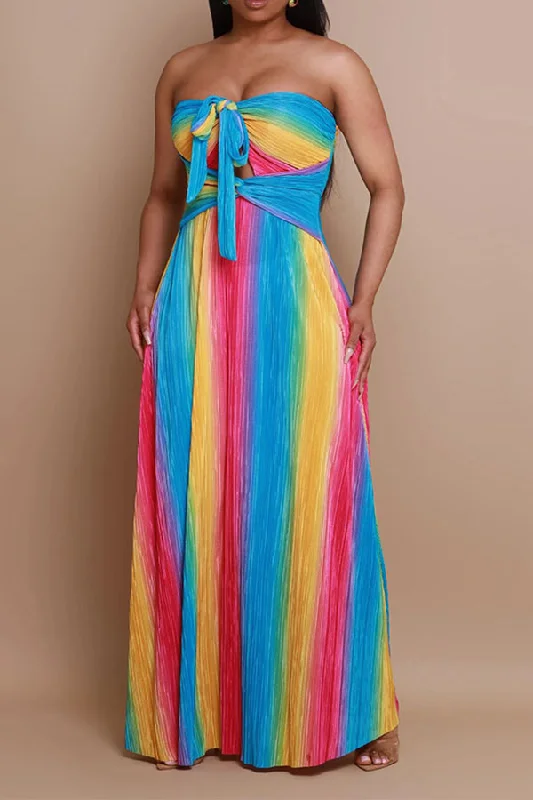 Rainbow Versatile Lace-Up Twist Front Pleated Maxi Dress Stylish A-Line Maxi Dress