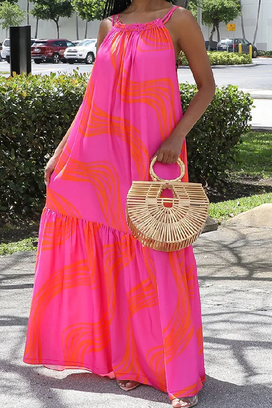 Ripple Print Relaxed Tiered Maxi Dress Fashionable Halter Neck Maxi Dress