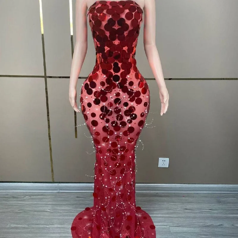 Robynn Strapless Red Sequins Transparent Maxi Dress Fashionable Button-Down Maxi Dress Robynn Strapless Red Sequins Transparent Maxi Dress Fashionable Button-Down Maxi Dress
