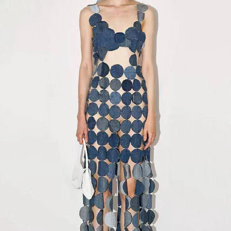 Shakira Multi-Circle Upcycled Denim Maxi Dress Cozy Longline Maxi Dress