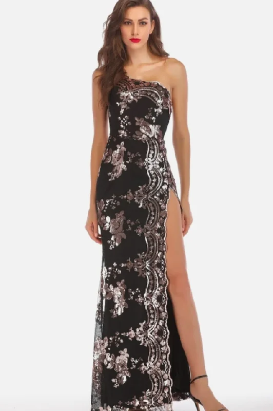 Shining Sequin Highly Split Maxi Dress Elegant Maxi Dress with Pockets