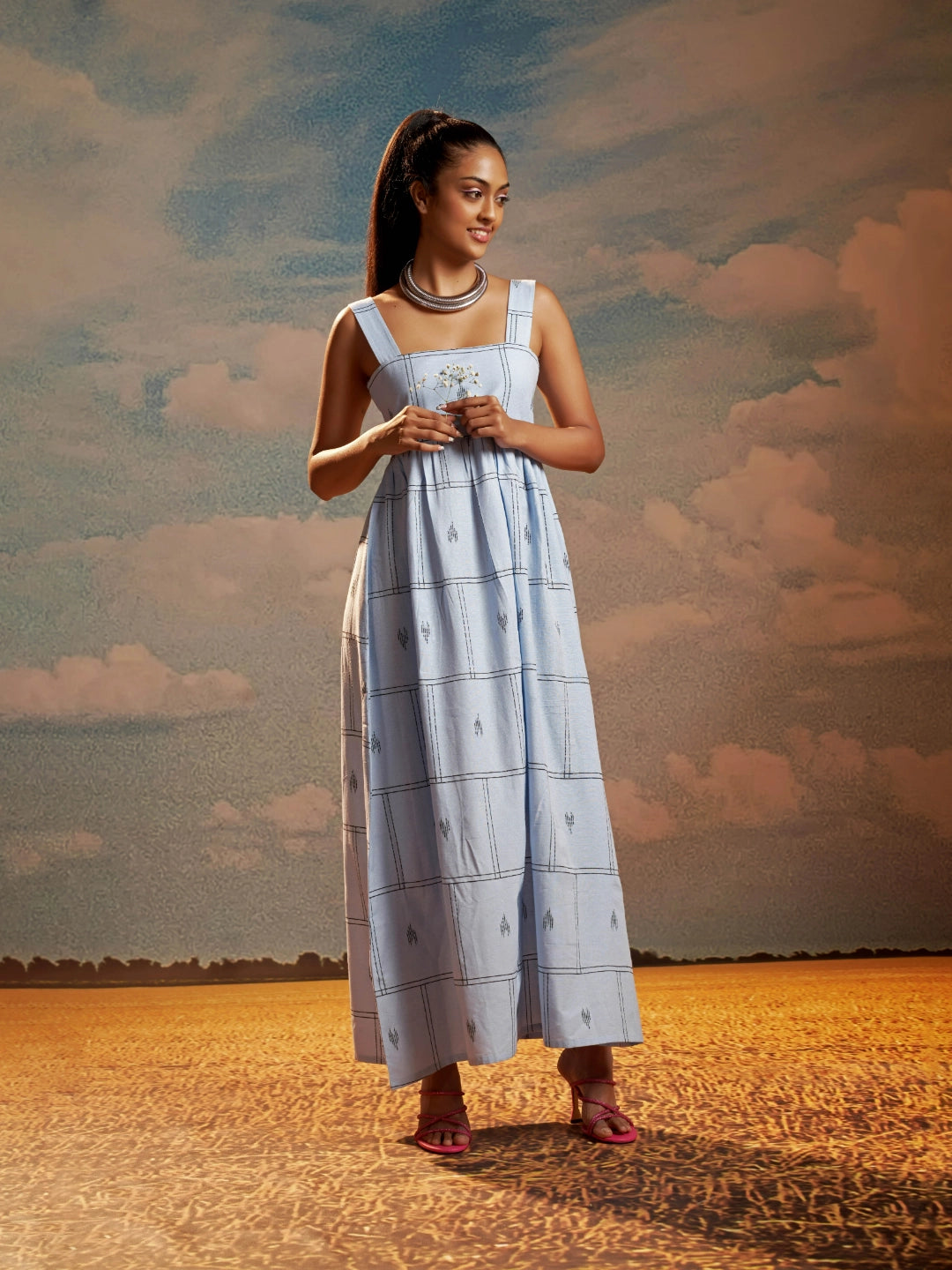 Sky Blue Abstract Print Handloom Cotton A-Line Maxi Dress Cozy Knitted Maxi Dress