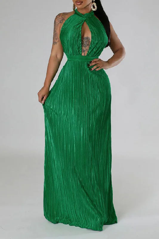 Solid Color Chic Cutout Halter Collar Pleated Maxi Dress Trendy Maxi Dress with Straps