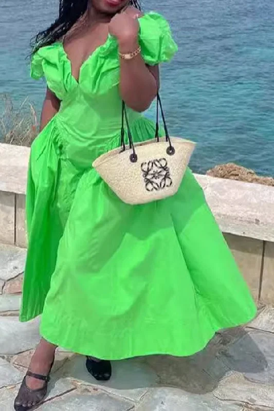 Solid Color Cold Shoulder Elegant Pleated Maxi Dress Comfortable Ruffle Hem Maxi Dress