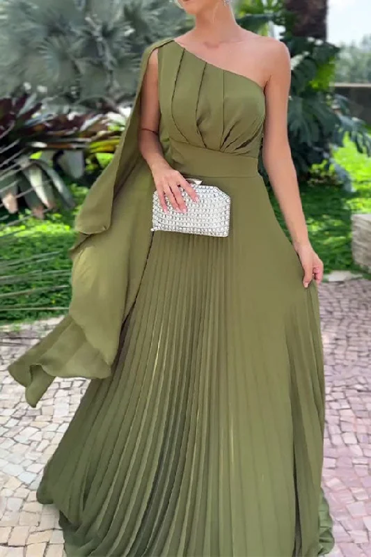 Solid Color Kitsch Pleated Asymmetric Maxi Dress Trendy Maxi Dress with Bow