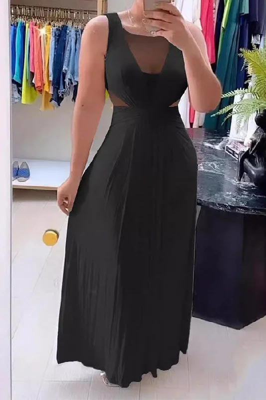 Solid Color Mesh Patchwork Feminine V-Back Pleated Maxi Dress Elegant Wraparound Maxi Dress