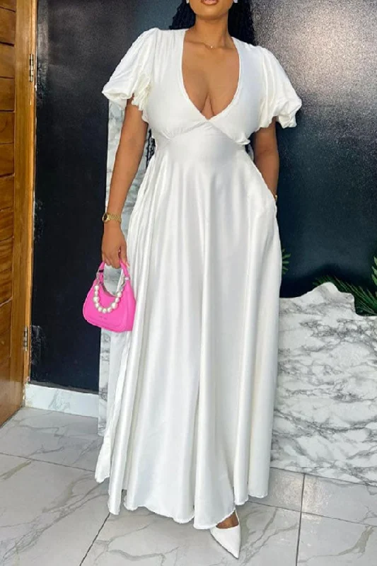 Solid Color Ruffle Sleeve Simple Backless Lace-Up Maxi Dress Elegant Boho Maxi Dress Solid Color Ruffle Sleeve Simple Backless Lace-Up Maxi Dress Elegant Boho Maxi Dress