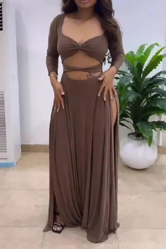 Solid Color Striking High Split Cutout Maxi Dress Trendy Maxi Dress with Belt