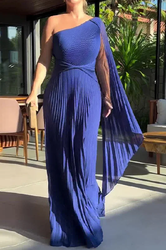 Solid Color Unusual Irregular Twisted Pleated Maxi Dress Chic Sleeveless Maxi Dress