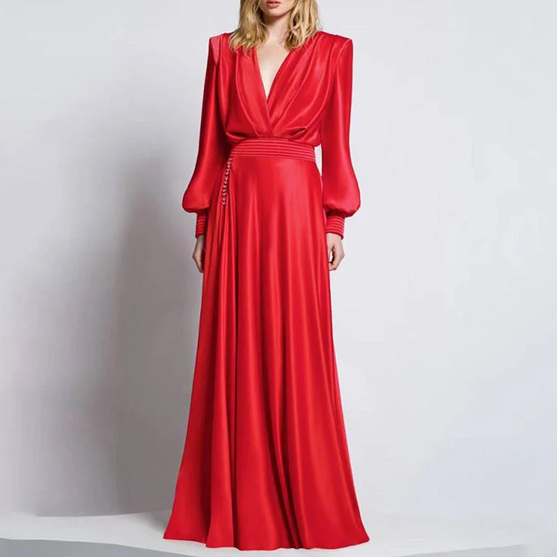 Stefani  V Neck Puff Sleeve Satin Maxi Dress Elegant Tiered Maxi Dress
