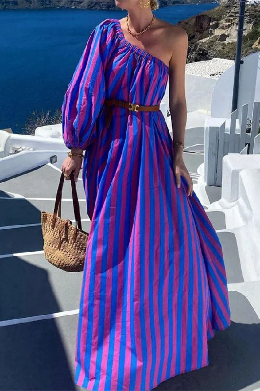 Stripe Romantic One Shoulder Belted Maxi Dress Trendy Maxi Dress with Bow
