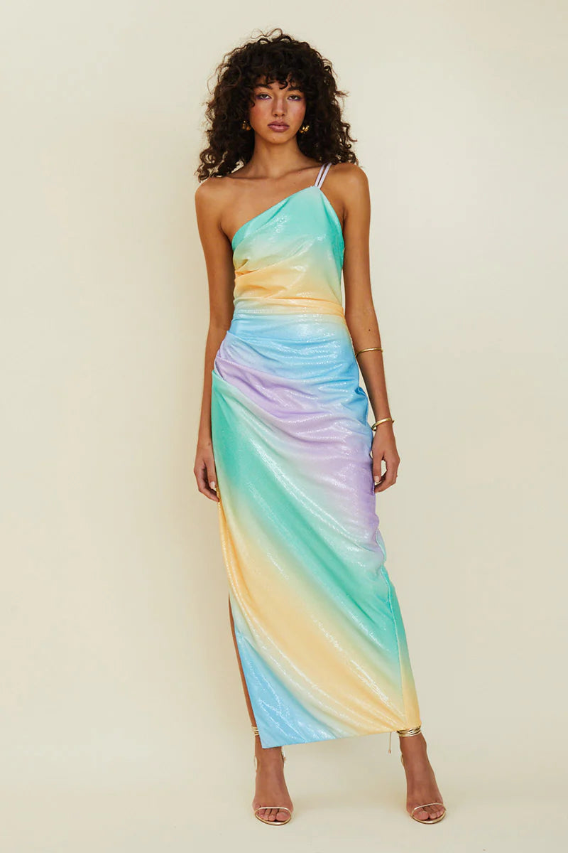 Suboo Ombre One Shoulder Split Maxi Dress - Multi Trendy Ruffled Maxi Dress