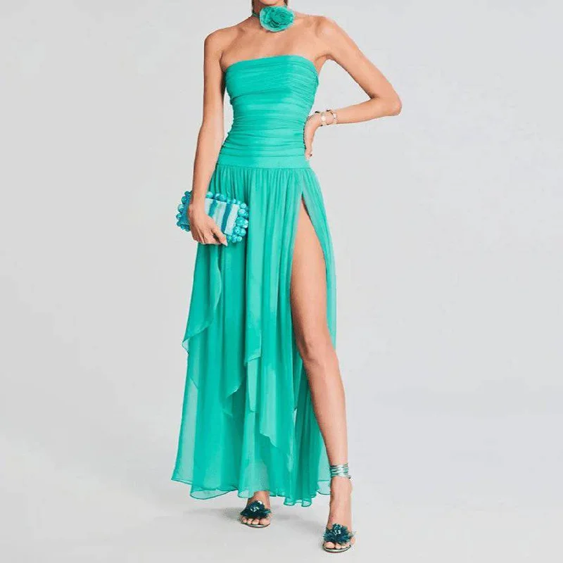 Susie Strapless Pleated Open Back Maxi Dress Comfortable Ruffle Hem Maxi Dress