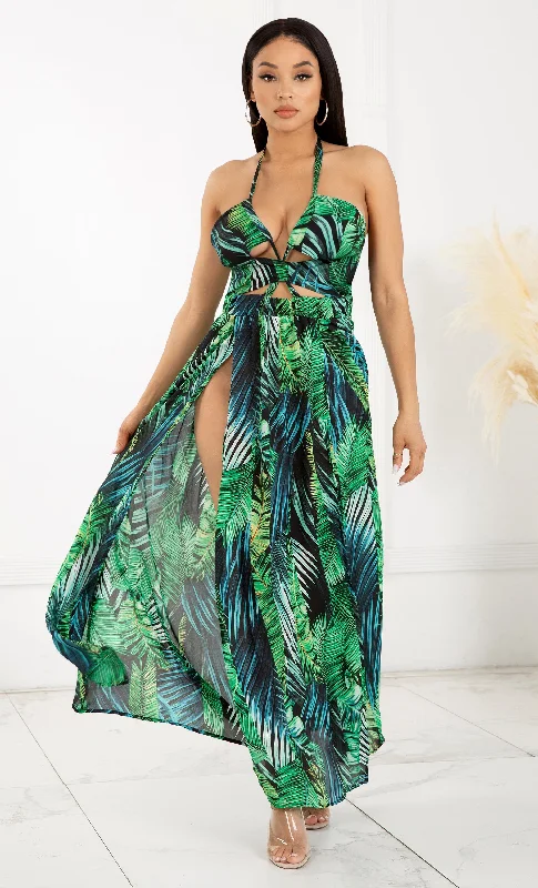 Sweet Paradise Tropical Black Green Leaf V Neck Cut Out Double Slit Halter Open Back Spaghetti Strap Sleeveless Chiffon Maxi Dress Elegant Pleated Maxi Dress Sweet Paradise Tropical Black Green Leaf V Neck Cut Out Double Slit Halter Open Back Spaghetti Strap Sleeveless Chiffon Maxi Dress Elegant Pleated Maxi Dress