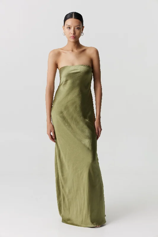 Third Form Satin Tie Back Strapless Maxi Dress - Olive Classic V-Neck Maxi Dress