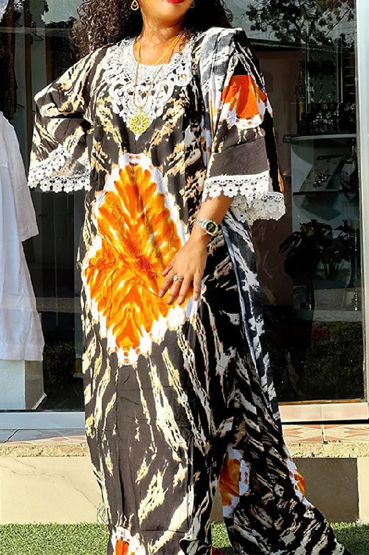 Tie Dye Lace Patchwork Retro Round Neck Maxi Dress Cozy Ruffle Sleeve Maxi Dress