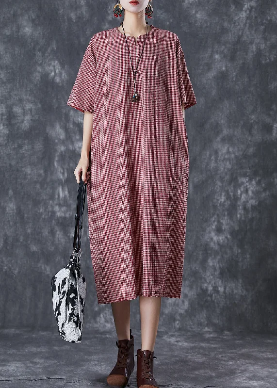 Vintage Red Oversized Plaid Linen Maxi Dress Summer Stylish Long Sleeve Maxi Dress