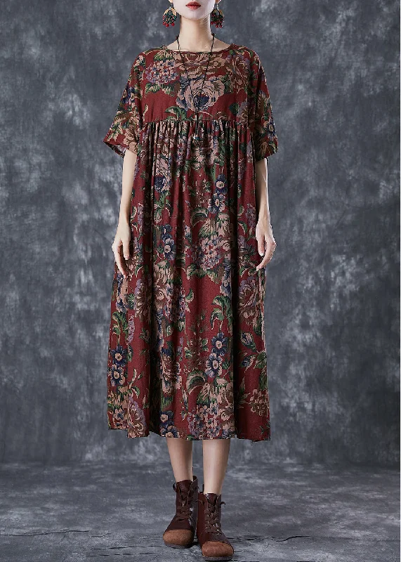 Vintage Red Oversized Print Cotton Maxi Dresses Summer Stylish One-Shoulder Maxi Dress Vintage Red Oversized Print Cotton Maxi Dresses Summer Stylish One-Shoulder Maxi Dress
