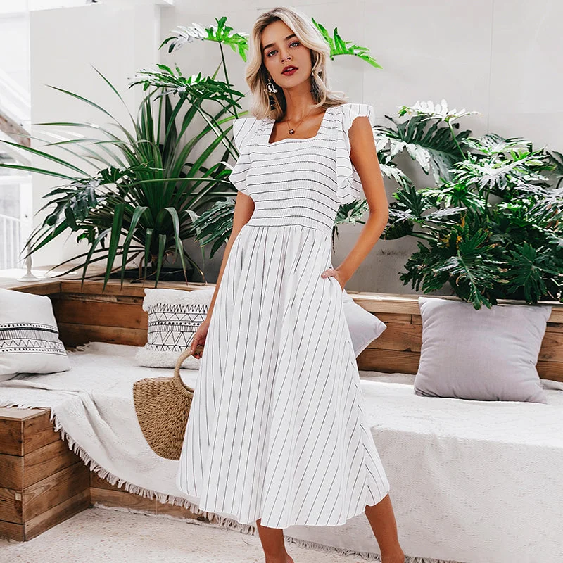 Vintage Striped Women Maxi Dress Ruffle Linen Blue Elegant Summer Dress Casual Cotton Fashion Female Beach Vestidos Smocked Comfortable Bohemian Maxi Dress