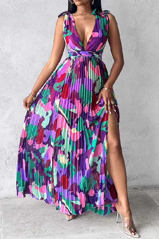 Watercolor Print Romantic Lace-Up High Split Pleated Maxi Dress Comfortable Ruffle Hem Maxi Dress