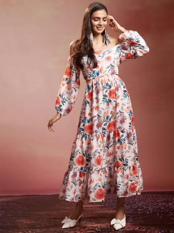 White Floral Print Muslin Flared Maxi Dress Trendy Floral Print Maxi Dress