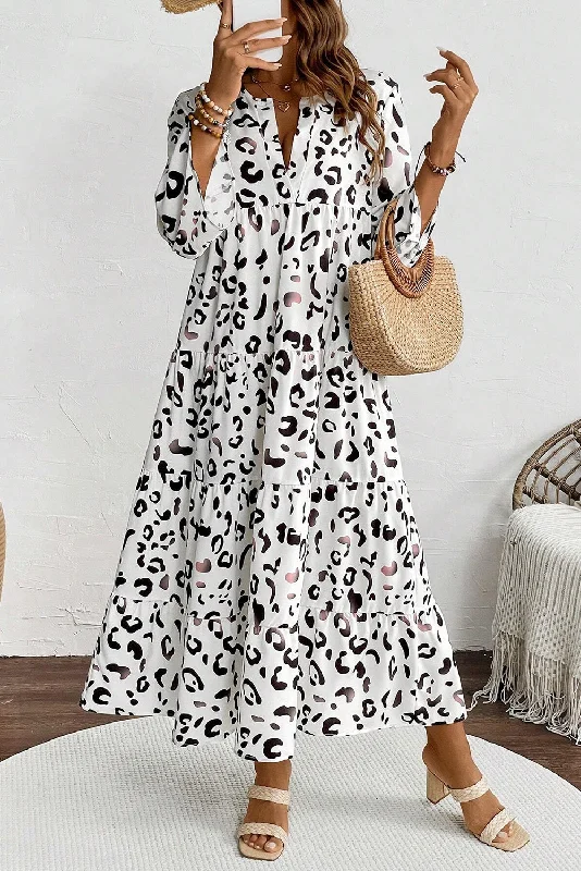White Leopard Print Notch V Neck Loose Fit Maxi Dress Comfortable Casual Maxi Dress