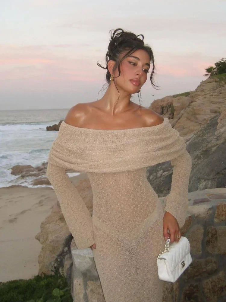 Women's Summer Slash Neck Sunscreen Maxi Dress Chic Long Sleeve Bodycon Knitted Vestidos Female Elegant Holiday Beachwear Comfortable Ruffle Hem Maxi Dress Women's Summer Slash Neck Sunscreen Maxi Dress Chic Long Sleeve Bodycon Knitted Vestidos Female Elegant Holiday Beachwear Comfortable Ruffle Hem Maxi Dress