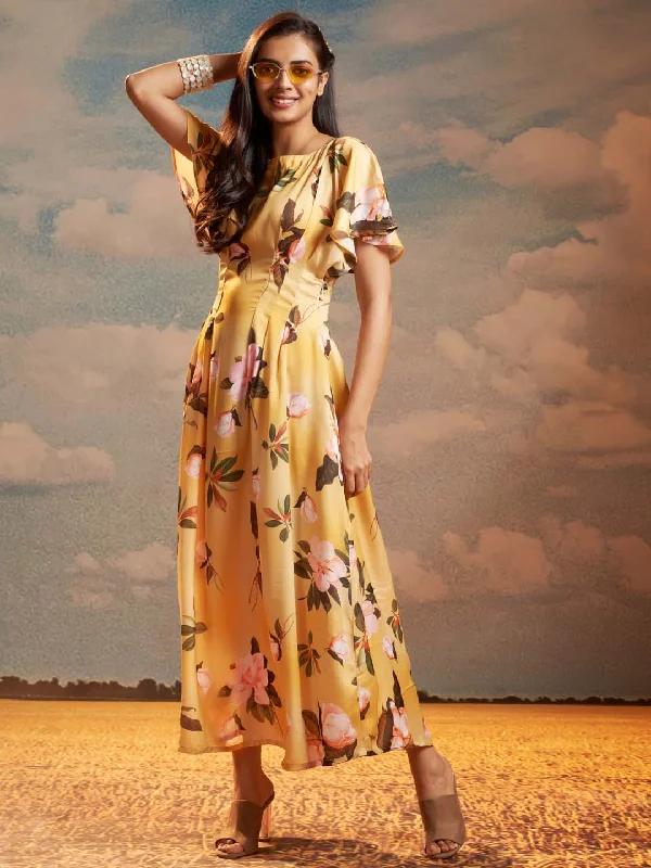 Yellow Floral Print Modal Satin A-Line Maxi Dress Trendy V-Neck Maxi Dress