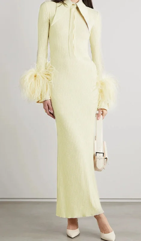 YELLOW LONG SLEEVE STAND COLLAR FEATHER MAXI DRESS Stylish Long Sleeve Maxi Dress