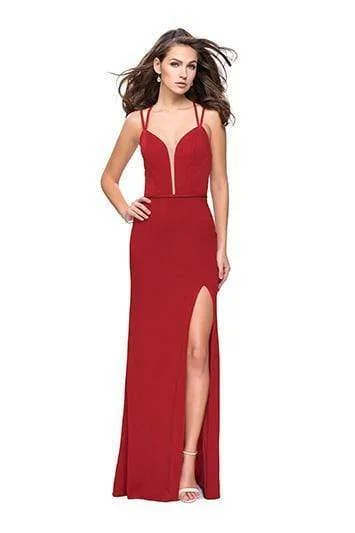 La Femme - Strappy Deep V-neck Sheath Dress 26023SC - 1 pc Red In Size 0 Available