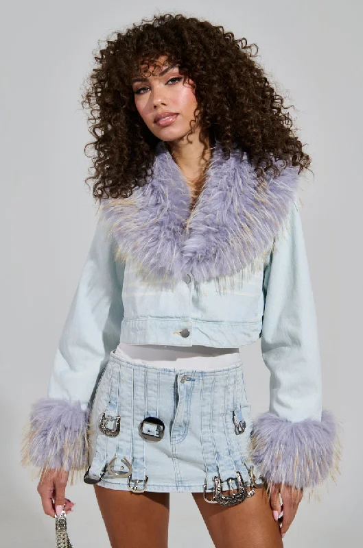 AD ASTRA FUR TRIM JACKET IN LIGHT BLUE DENIM Ribbed Jacket Pleated Jacket Ruffled Jacket AD ASTRA FUR TRIM JACKET IN LIGHT BLUE DENIM Ribbed Jacket Pleated Jacket Ruffled Jacket