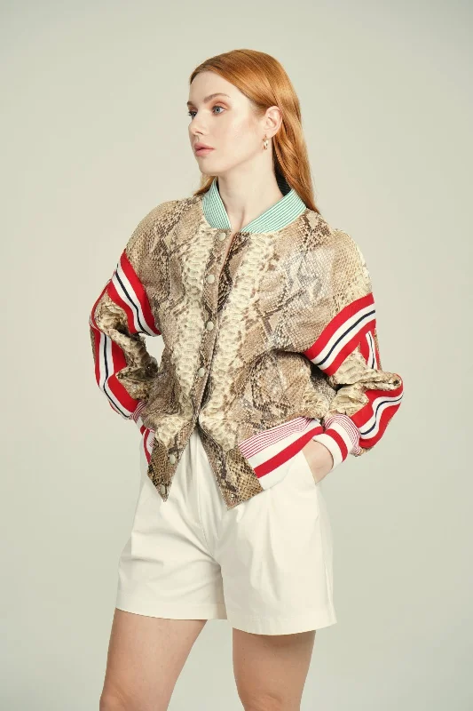 Beige Python Leather Jacket Chenille Fabric Brocade Fabric Lace Fabric