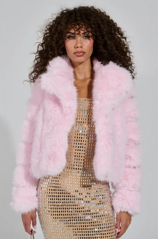 BERRIES AND CREAM FAUX FUR JACKET Striped Jacket Polka Dot Jacket Floral Jacket