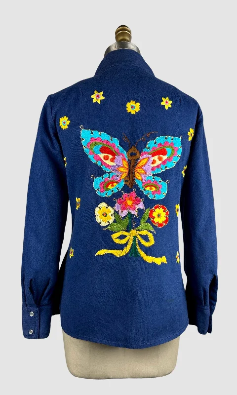 BUTTERFLY EFFECT Dotti Did It 70s Embroidered Jean Jacket • Small Boat Neck Shawl Collar Notched Collar BUTTERFLY EFFECT Dotti Did It 70s Embroidered Jean Jacket • Small Boat Neck Shawl Collar Notched Collar